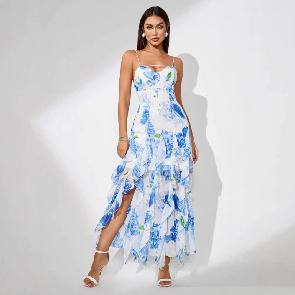 ZARA Bandeau Spaghetti Strap Sexy Slit Bodycon Elegant Party Prom Gown